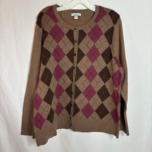 Croft & Barrow Cardigan Women’s 1X Carmel/Plum Pima Cotton Argyle Preppy Classic